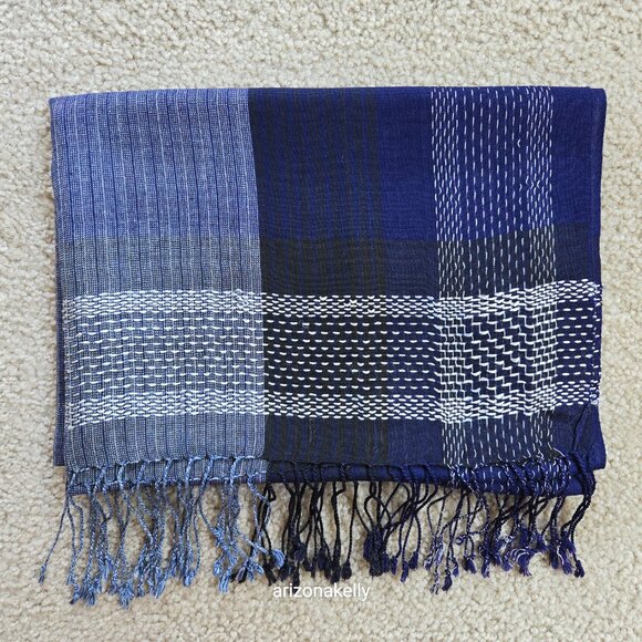 Blue Lightweight Summer Scarf with White Stitch Detail - Picture 13 of 13